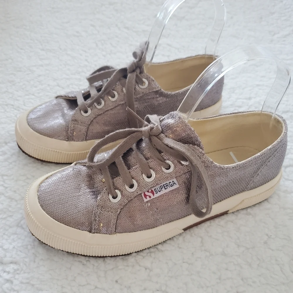 Women's‎ Superga Silver Sequin Canvas Low Top Lace Up Sneakers Size 6 W_ 4.5 M.